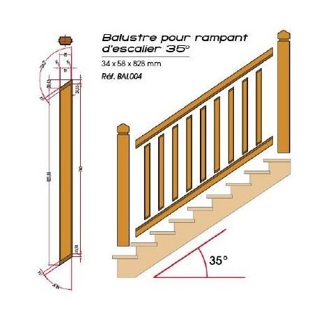 Balustre pour rampant d'escalier pour garde corps bois LOUISIANE