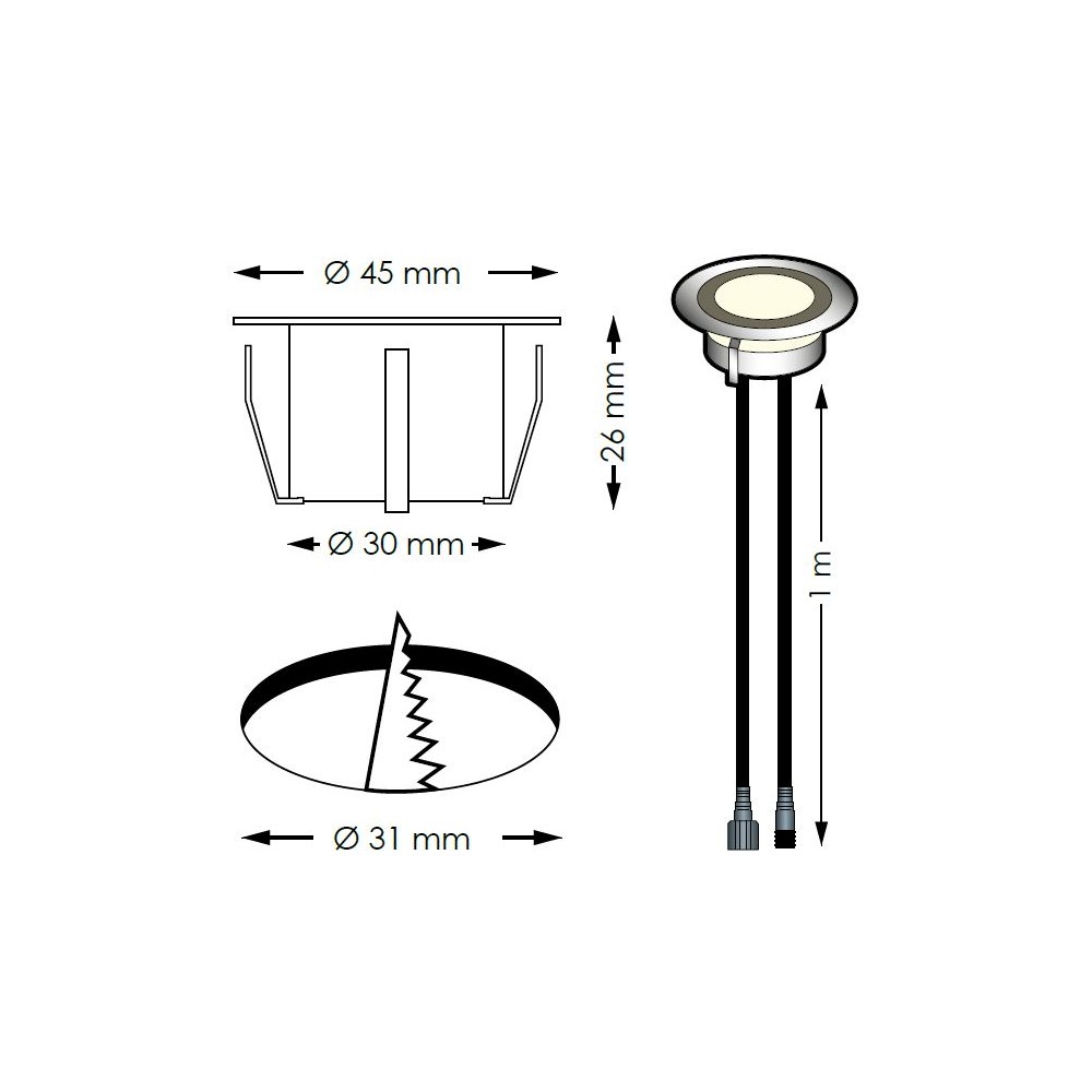 Spots LED de terrasse SOFIA (12V) à encastrer de diamètre 45mm