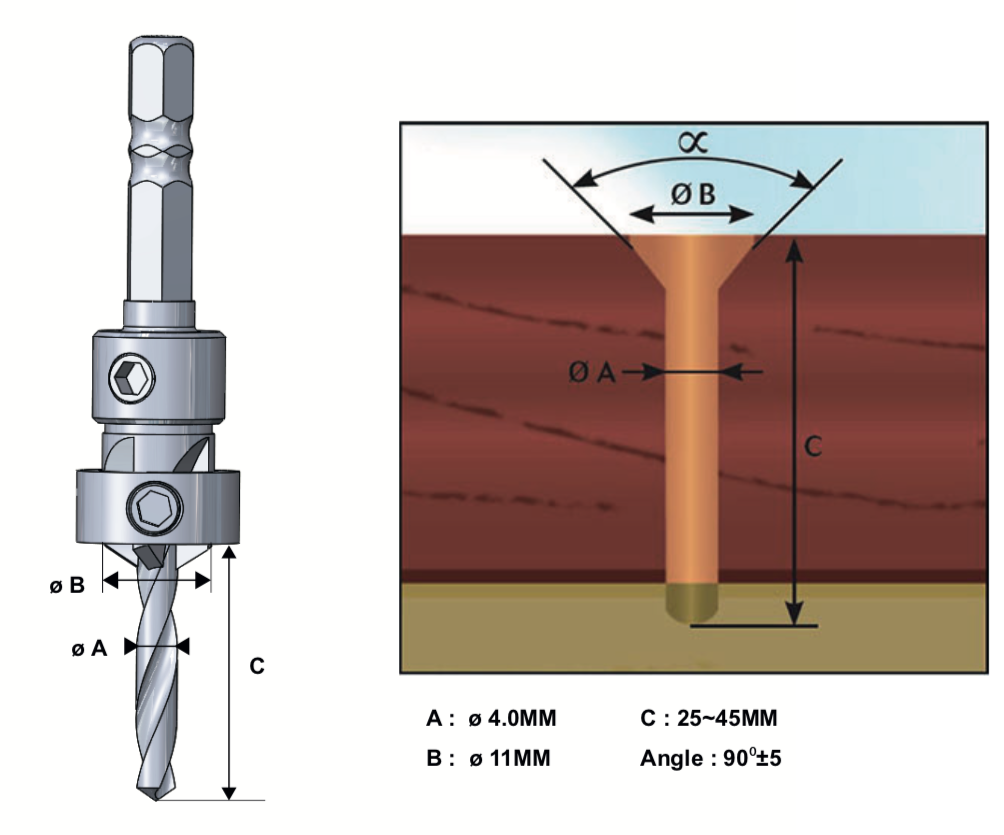 Forêt à chanfrein + butée réglable : Mèche à bois avec fraise de Ø 4mm pour  vis de Ø 5 mm - Sud Bois : Terrasse, Bois Direct Scierie